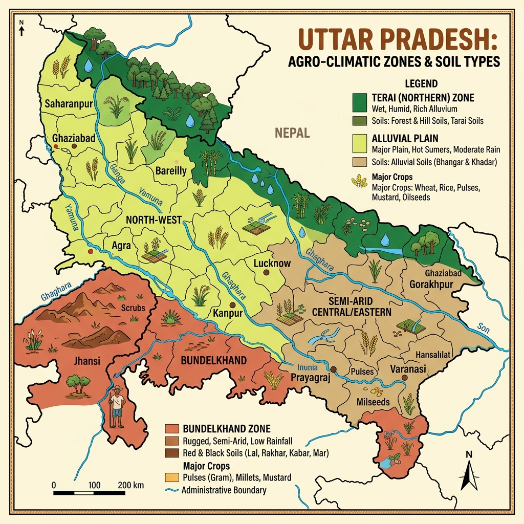 उत्तर प्रदेश कृषि-जलवायु और मृदा मैप