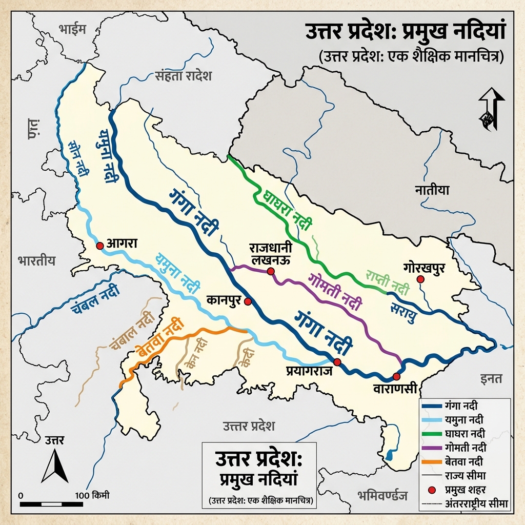 उत्तर प्रदेश की प्रमुख नदियों का नक्शा